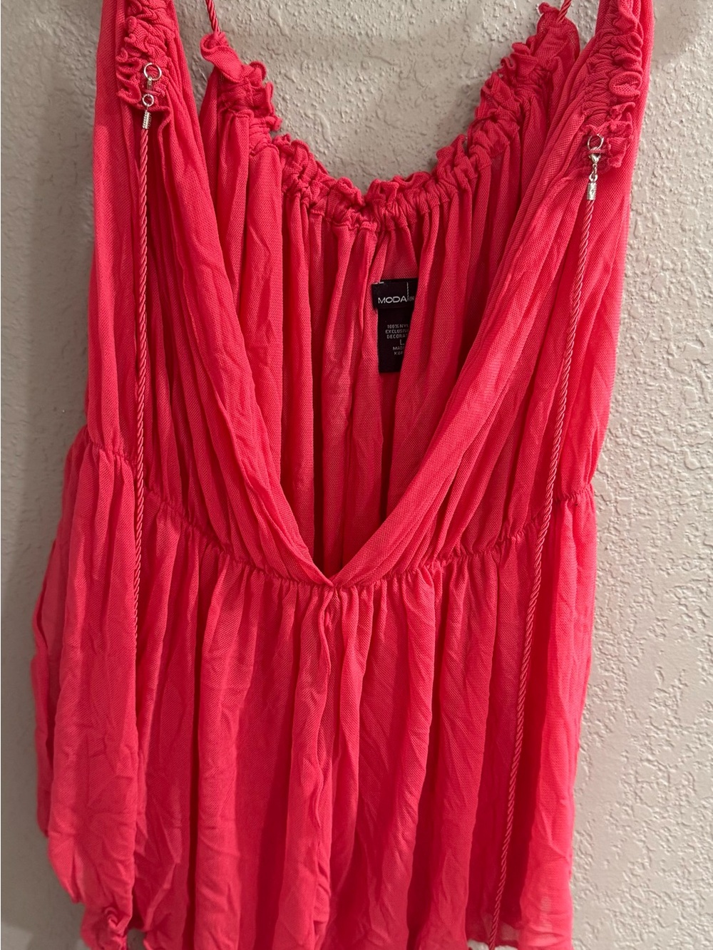 Moda International Coral Pink Ruched V-Neck Tank with Tie Straps